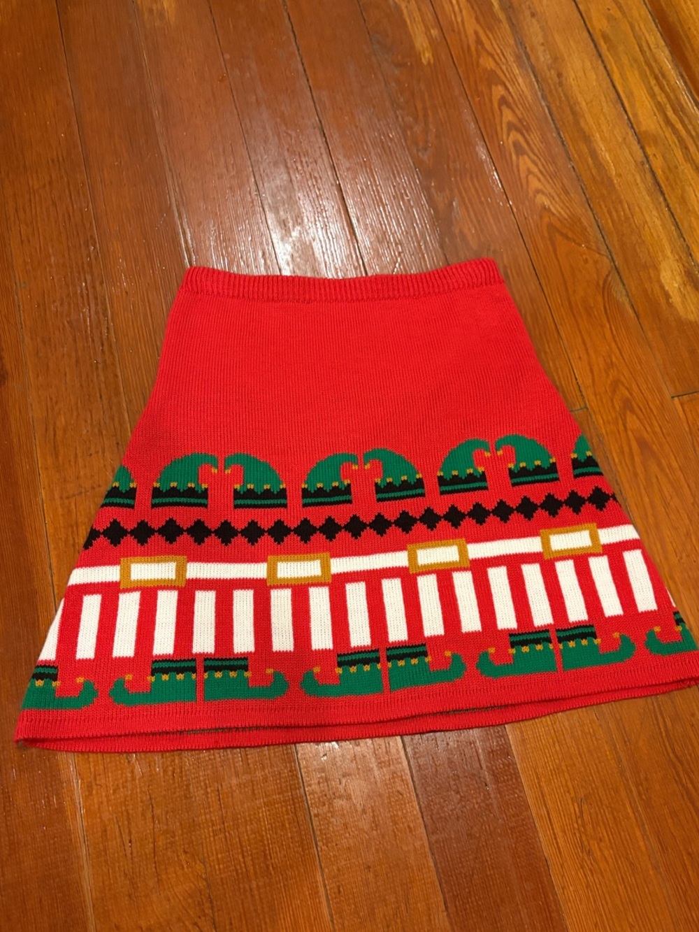 Derek Heart Red Knit A-Line Skirt with Green and White Graphic Border